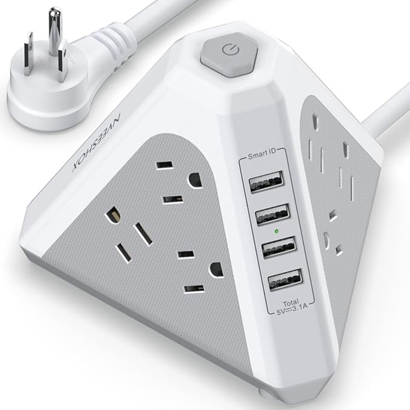 A white, triangular power strip with a power button, featuring multiple AC outlets and four USB ports labeled \“Smart ID,\“ with a power rating of 5V/3.1A total.