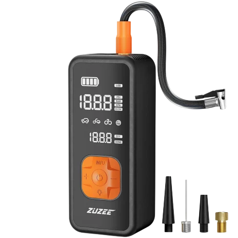 A portable air compressor with a digital display and multiple adaptors, suitable for inflating car tires, bicycles, and sports equipment.