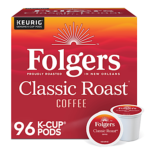 Folgers Classic Roast Coffee K-Cup Pods, 96-count package, compatible with Keurig brewers. Roasted in New Orleans.