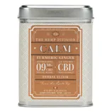 Tin of \“Calm\“ herbal elixir by The Hemp Division with turmeric ginger flavor, containing 9 mg CBD per sachet, totaling eight sachets.