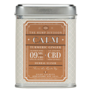 Tin of \“Calm\“ herbal elixir by The Hemp Division with turmeric ginger flavor, containing 9 mg CBD per sachet, totaling eight sachets.