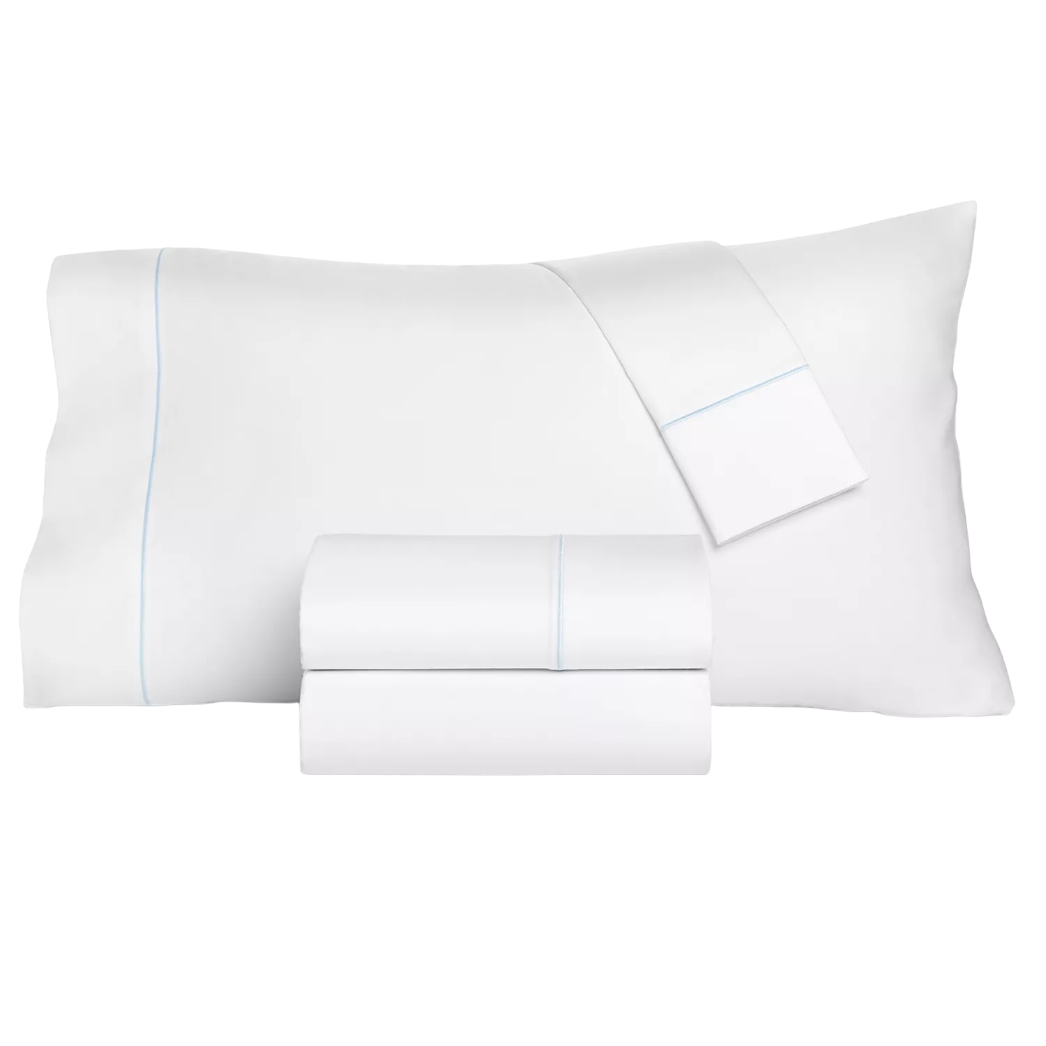 White bed sheet set with light blue stitching, including a pillowcase, flat sheet, and fitted sheet.