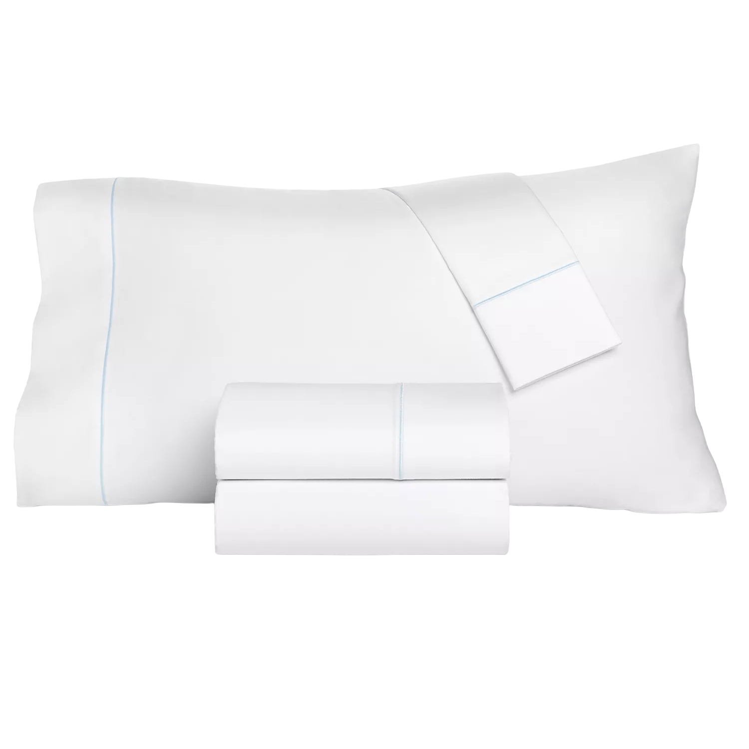 White bed sheet set with light blue stitching, including a pillowcase, flat sheet, and fitted sheet.
