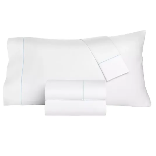 White bed sheet set with light blue stitching, including a pillowcase, flat sheet, and fitted sheet.