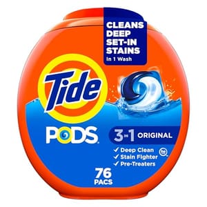 Tide Pods 3-in-1 laundry detergent with 76 pacs, offering deep clean, stain fighting, and pre-treating capabilities.