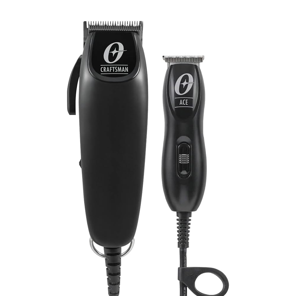 The Oster Professional Hair Cutting Kit features a standard clipper and a smaller trimmer, both in sleek black with \“Craftsman\“ and \“Ace\“ branding. The kit is designed for versatile hair cutting and detailing tasks.