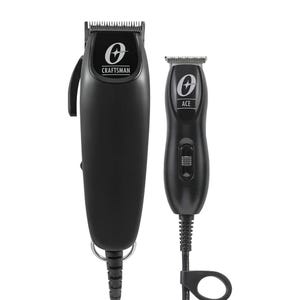 The Oster Professional Hair Cutting Kit features a standard clipper and a smaller trimmer, both in sleek black with \“Craftsman\“ and \“Ace\“ branding. The kit is designed for versatile hair cutting and detailing tasks.