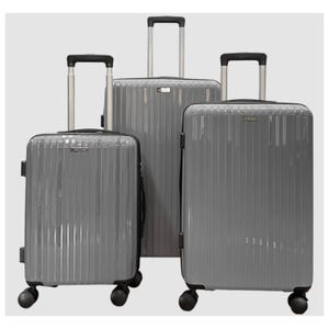 Three grey suitcases of varying sizes with wheels and extendable handles.
