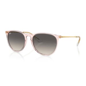 Pink sunglasses with a transparent frame and gold temples, featuring gradient lenses.