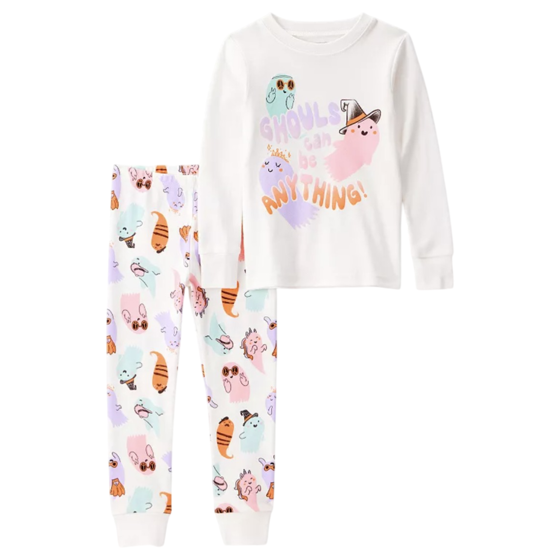 A children's pajama set featuring a white long-sleeve top with \“Ghouls can be anything!\“ and colorful ghost graphics, paired with matching pants featuring a variety of playful ghost characters.