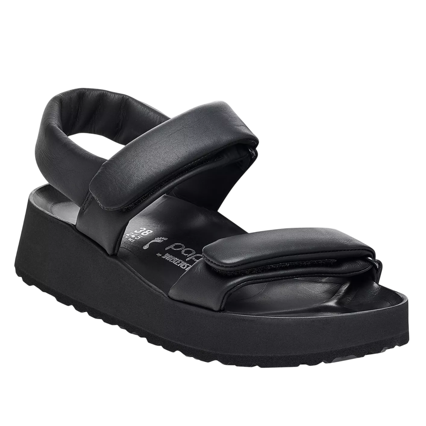 Black platform sandal with cushioned straps and an open toe design.
