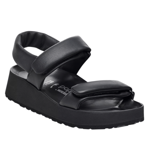 Black platform sandal with cushioned straps and an open toe design.