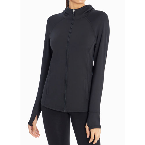 A black zip-up hoodie with a high neck and thumbholes at the cuffs worn by a model.