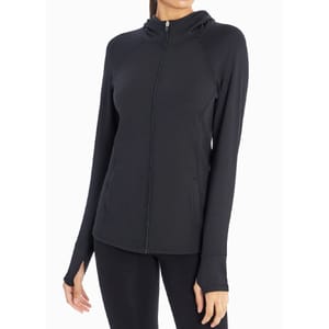 A black zip-up hoodie with a high neck and thumbholes at the cuffs worn by a model.