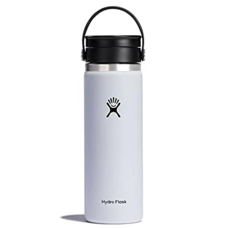 A stainless steel Hydro Flask water bottle with a black lid and carrying handle, featuring the brand's logo on the front.