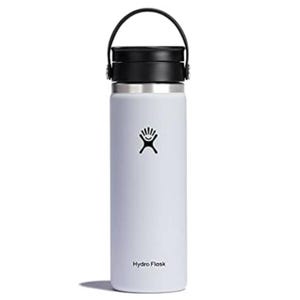 A stainless steel Hydro Flask water bottle with a black lid and carrying handle, featuring the brand's logo on the front.