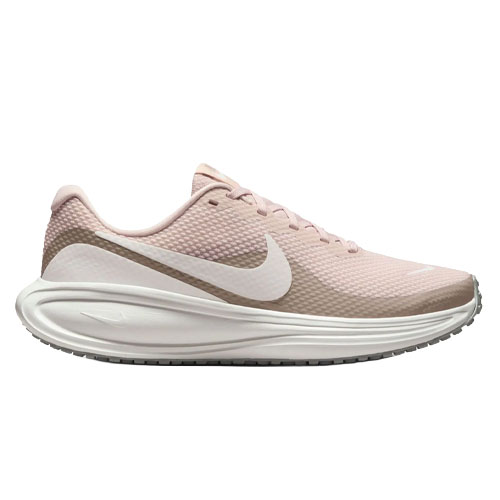 A pink and white Nike running shoe with a textured mesh upper and prominent swoosh detailing on a cushioned sole.