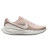 A pink and white Nike running shoe with a textured mesh upper and prominent swoosh detailing on a cushioned sole.