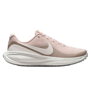 A pink and white Nike running shoe with a textured mesh upper and prominent swoosh detailing on a cushioned sole.