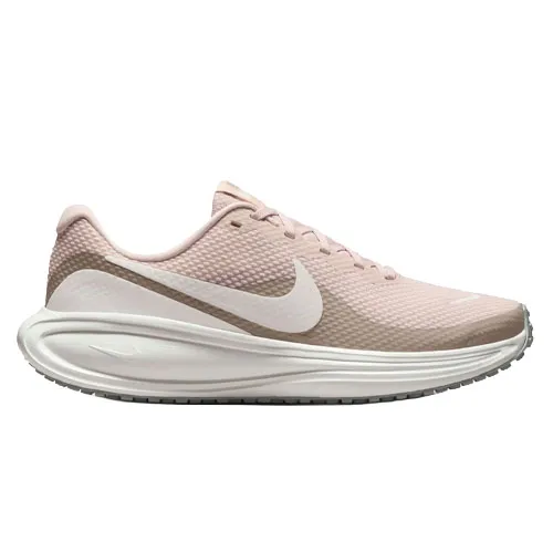 A pink and white Nike running shoe with a textured mesh upper and prominent swoosh detailing on a cushioned sole.