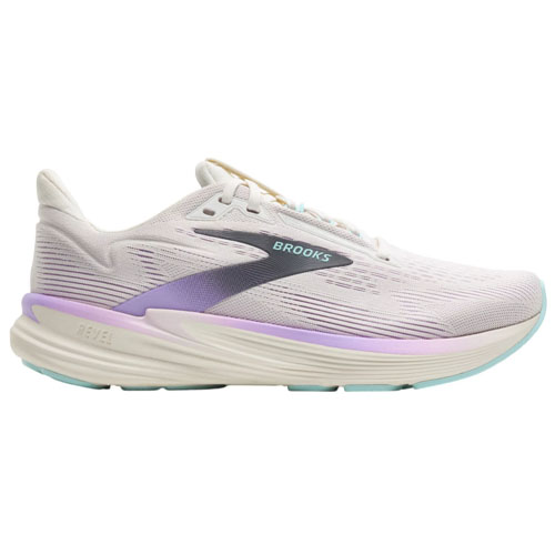 A Brooks running shoe featuring a streamlined design with pastel purple and blue accents on a light gray base.