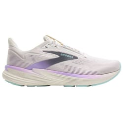 A Brooks running shoe featuring a streamlined design with pastel purple and blue accents on a light gray base.