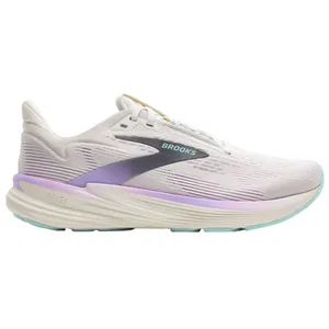 A Brooks running shoe featuring a streamlined design with pastel purple and blue accents on a light gray base.