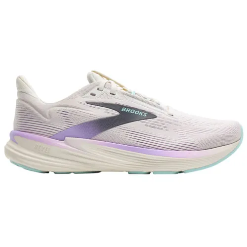 A Brooks running shoe featuring a streamlined design with pastel purple and blue accents on a light gray base.