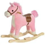Pink plush rocking horse with light brown saddle and bridle, featuring wooden rockers and handlebars.