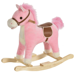 Pink plush rocking horse with light brown saddle and bridle, featuring wooden rockers and handlebars.