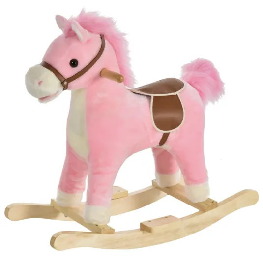 Pink plush rocking horse with light brown saddle and bridle, featuring wooden rockers and handlebars.