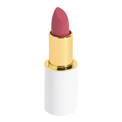 A pink lipstick with a gold tube and white base, casting a shadow on a light background.