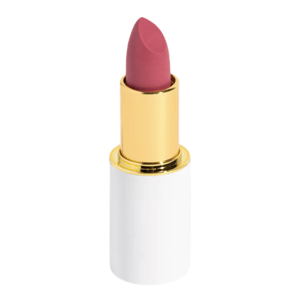 A pink lipstick with a gold tube and white base, casting a shadow on a light background.