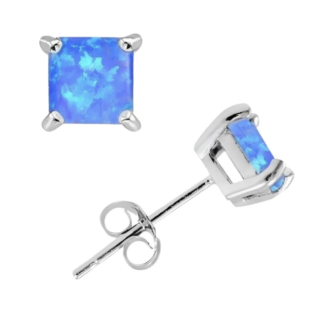 Square-cut blue opal earrings set in silver with a prong setting. The design features a simple stud style with a secure butterfly clasp.