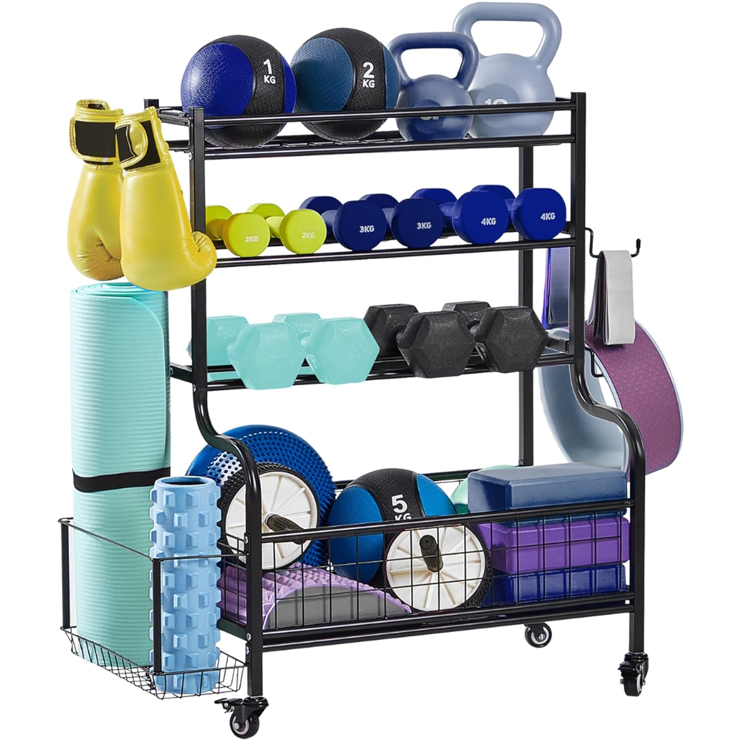 Lugo Heavy Duty Storage Weight Rack holds various fitness equipment: kettlebells, dumbbells (1kg to 4kg), medicine balls (1kg, 5kg), yoga mats, foam roller, exercise pads, and ab wheels, organized on a black metal rack with caster wheels for mobility.