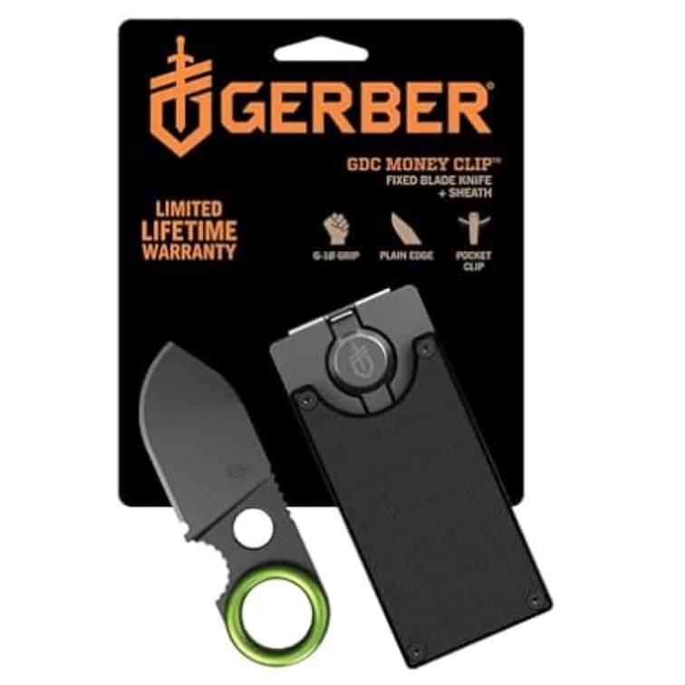 Gerber GDC Money Clip with a fixed blade knife features a G-10 grip, plain edge, and pocket clip, backed by a limited lifetime warranty.