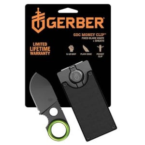 Gerber GDC Money Clip with a fixed blade knife features a G-10 grip, plain edge, and pocket clip, backed by a limited lifetime warranty.