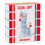 First Aid Beauty \“Clean + Soft\“ face duo includes a full-size Pure Skin Face Cleanser and Ultra Repair Face Moisturizer, safe for sensitive skin. Packaging features a red and blue plaid design.