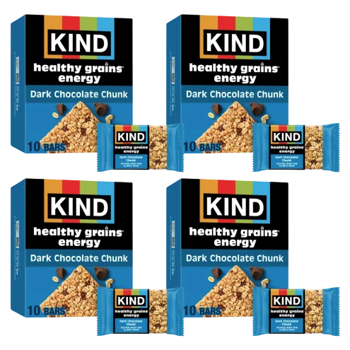 Four boxes of KIND Healthy Grains Energy Bars in Dark Chocolate Chunk flavor, each containing 10 bars, are displayed with a single bar in front of each box.