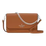 A brown Kate Spade New York crossbody bag features a silver chain and matching leather strap.