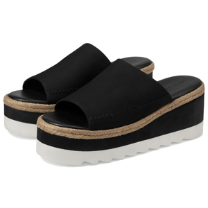 Black platform slide sandals featuring a thick white sole, a rope-wrapped detail, and an open toe design.