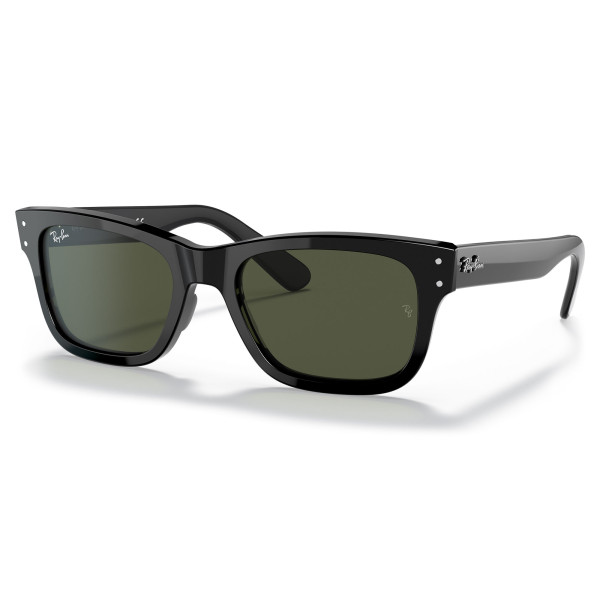 A pair of black square-shaped sunglasses with dark lenses, featuring a classic wayfarer style, branded on the frame.