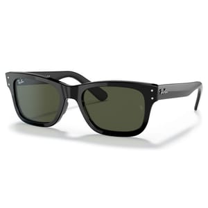 A pair of black square-shaped sunglasses with dark lenses, featuring a classic wayfarer style, branded on the frame.