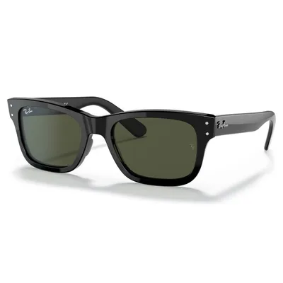 A pair of black square-shaped sunglasses with dark lenses, featuring a classic wayfarer style, branded on the frame.