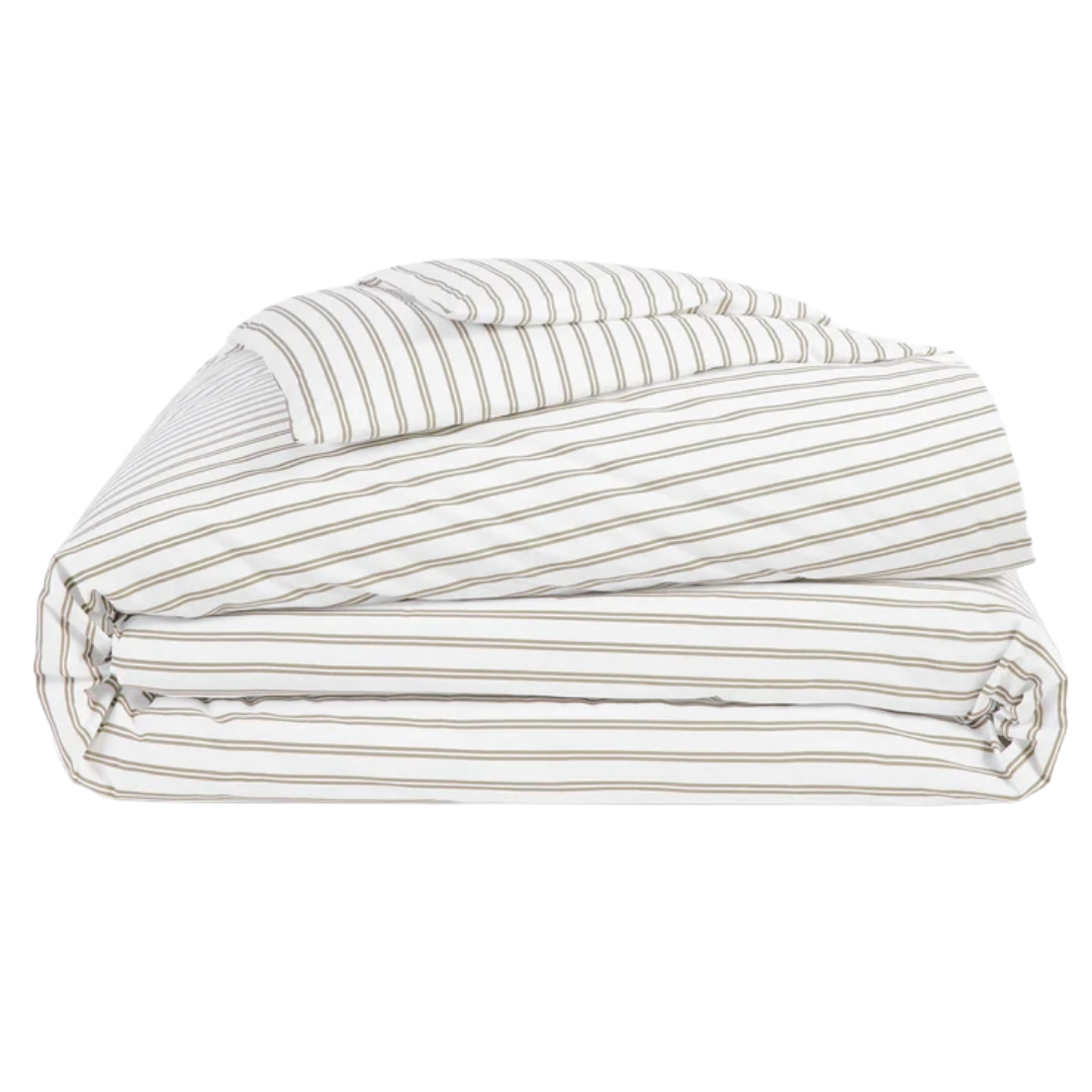 Folded striped bedding set featuring a duvet cover and matching pillowcase in white with horizontal tan stripes.