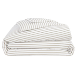 Folded striped bedding set featuring a duvet cover and matching pillowcase in white with horizontal tan stripes.