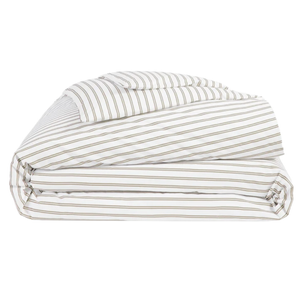 Folded striped bedding set featuring a duvet cover and matching pillowcase in white with horizontal tan stripes.
