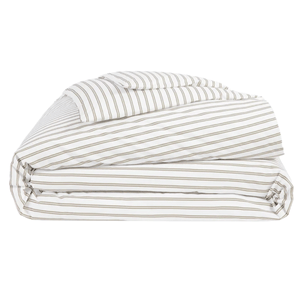 Folded striped bedding set featuring a duvet cover and matching pillowcase in white with horizontal tan stripes.
