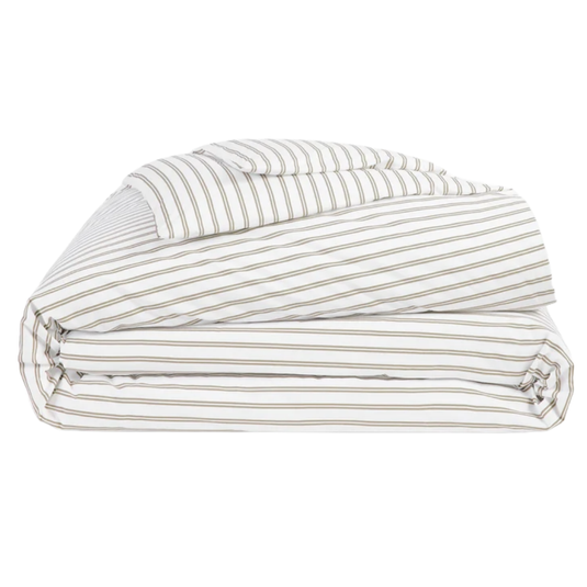Folded striped bedding set featuring a duvet cover and matching pillowcase in white with horizontal tan stripes.