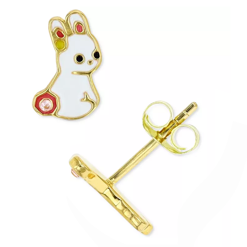 Cute bunny-shaped stud earrings with gold outline, featuring white enamel and colorful accents on the ears and tail; includes a secure post and butterfly back.